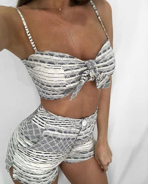 Woven Short Set Featuring Crop Bow Tie Top 