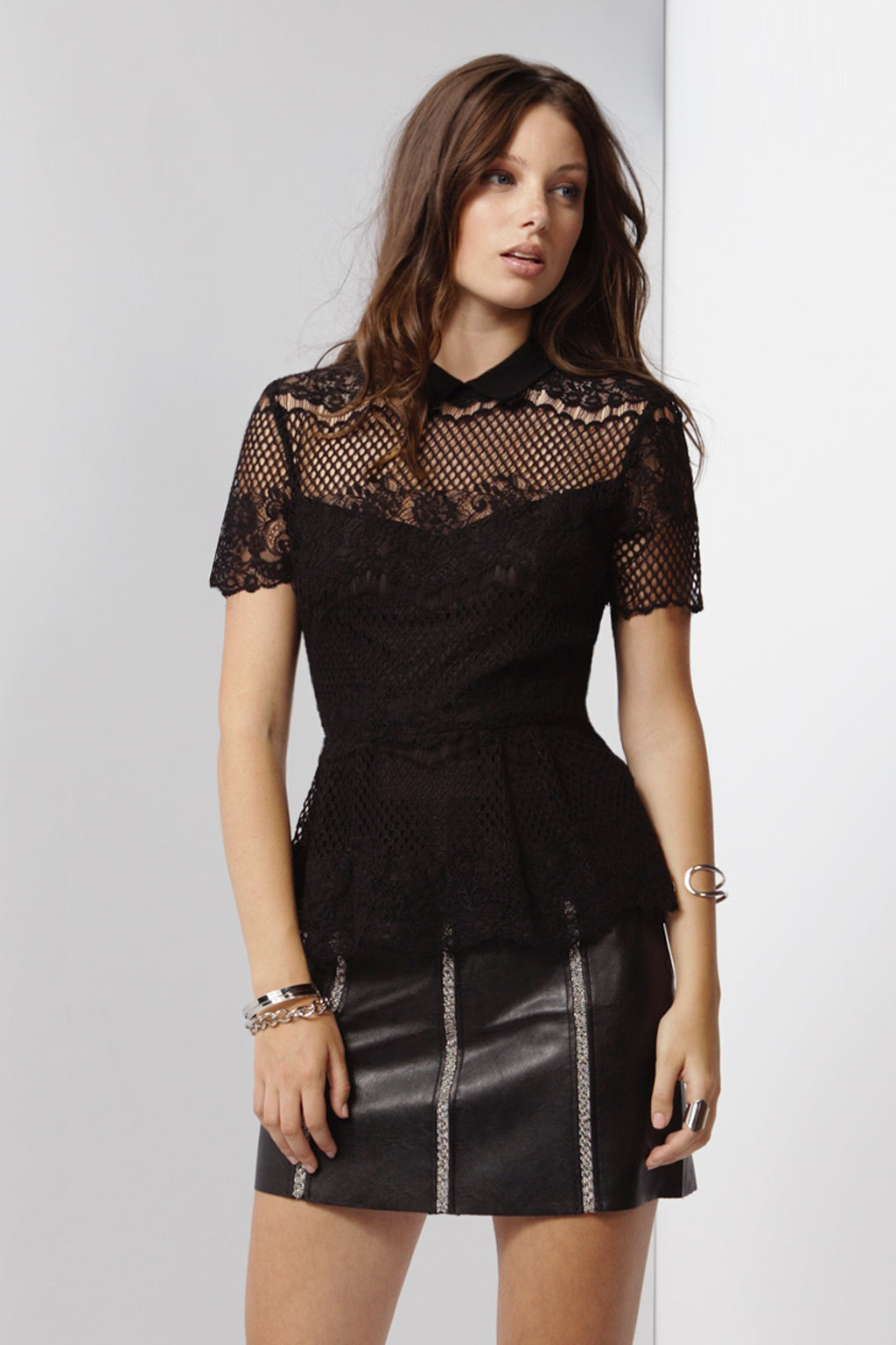 Black Lace Peplum Texted Top 
