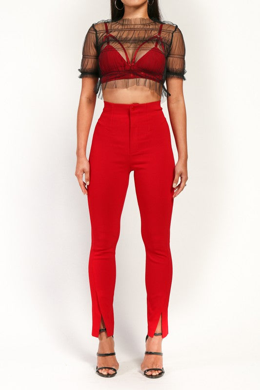  Jessi Red High Waist Stretchy Pants Featuring Ankle Slit Detail.
