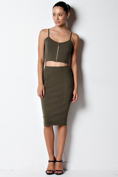 Olive Green Zipper Skirt Set